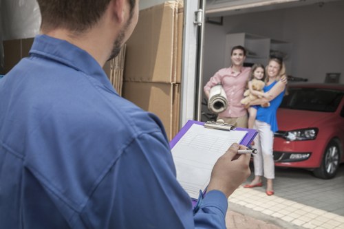 Movers carrying boxed household items carefully