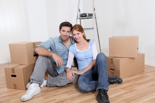 Packed office equipment ready for transport in a Uxbridge business move